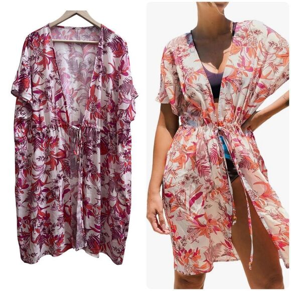 NWT Cupshe Open Front Elasticize Waist Tie Tropical Beach Cover Up Kimono XL - Picture 2 of 12